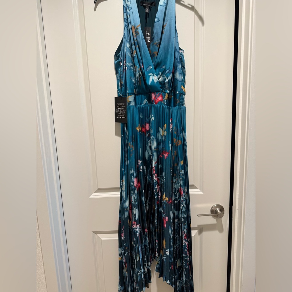 White House Black Market Floral Teal Pleated Maxi Dress